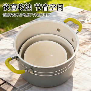 Ensemble de cuisine d'extérieur 5 pièces, pot en émail antiadhésif avec couvercle pour la cuisson en camping - Product Image 5