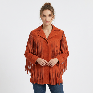 Womens Real Rust Suede Leather <b>Jacket</b> Fringe Tassels Lapel Sheepskin Orange <b>Western</b> Cowgirl Coat Custom Winter Outerwear - Product Image 1