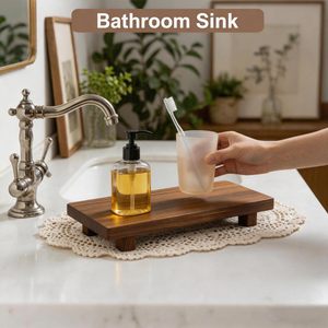 Japanese Style Wooden Raised Shelf Solid Wood Rectangle Freestanding Bathroom Storage <b>Tray</b> For Toiletries <b>Perfume</b> Display - Product Image 2