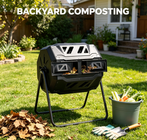 Compostador giratorio de doble cámara de plástico con soporte metálico para la elaboración de fertilizante a partir de residuos de jardín. - Product Image 2