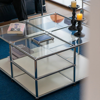 Table basse modulaire en verre trempé avec structure en métal chromé et rangement, mobilier moderne pour salon, maison et café