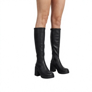 <b>Black</b> PU Classic Formal Knee-High <b>Boots</b> Round Toe Chunky Heel Platform Slip-On Anti-Slippery Rubber Outsole All Seasons Wear - Product Image 1