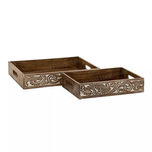Premium Burnt Antique Mango Wood Carved Tray for Serving Set of 2 High Quality Wooden Tray Indian Manufacturer and Exporter - Product Image 1