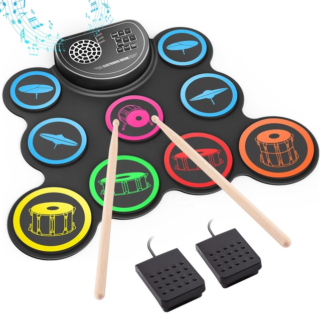 Electronic Drum Set 9-Drum Practice Pad Headphone Jack Roll-up Foldable Design Built-in Speaker USB Charging Drum Pedals Sticks