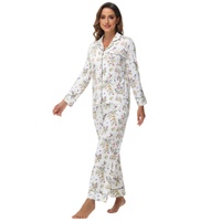 Pyjama personnalisé à manches longues en micro-coton modal à imprimé floral avec passepoil, pyjama en bambou, ensemble de vêtements de détente pour femmes, vêtements de nuit en modal