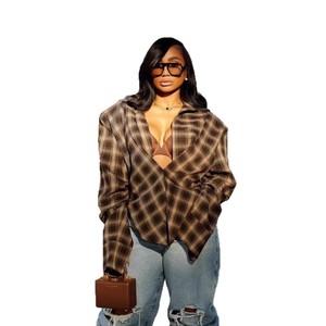 Nuova <span class=keywords><strong>Camicia</strong></span> Corta Casual da <span class=keywords><strong>Donna</strong></span> Stile Europeo-Americano, Elegante Cardigan Irregolare con Risvolto a <span class=keywords><strong>Quadri</strong></span>, Semplice sul Davanti, per l'Autunno - Product Image 5