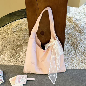 Korean-Style <b>Canvas</b> <b>Bag</b> <b>Large</b>-Capacity Shoulder <b>Bag</b> with Embroidered Bow Accent - Product Image 6