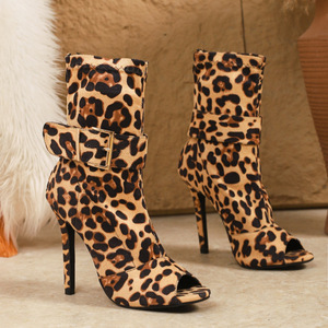 Sandalias de tacón de aguja con punta abierta y estampado de leopardo, con hebilla grande de 11 cm, botines cortos de tacón alto de moda para mujer - Product Image 4