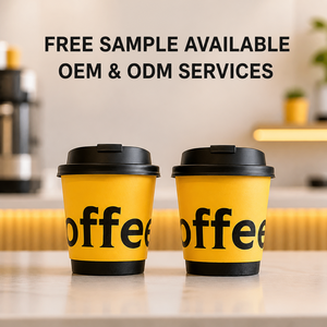 Gobelets à café en papier à double paroi jaune vif avec texte noir surdimensionné et logo personnalisé pour les services de café à emporter - Product Image 1
