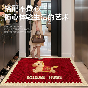 Tapis de bienvenue festif Nouvel An 2026 en velours rouge, motif poney de dessin animé, rectangulaire, pour entrée intérieure - Product Image 5