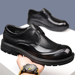 Chaussures d'été en cuir à enfiler pour hommes, bout rond, respirantes, perforées, semelle épaisse, style décontracté et professionnel, type bateau - Product Image 3