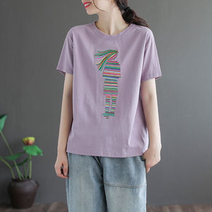 Women's Loose Round Neck Short Sleeve T-Shirt Gray Girl Colorful Embroidery Summer Fashion Casual Wear - Product Image 2