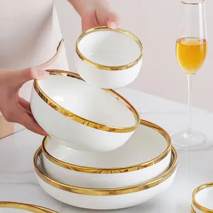 Plato de borde dorado de porcelana blanca nórdica, juegos de platos con borde dorado de lujo, <span class=keywords><strong>vajilla</strong></span> de cerámica para Cena - Product Image 5