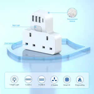 2UK ke EU adaptor perjalanan Eropa Grounded dengan lampu LED, 4 port USB 3 USB A + 1 Tipe C, adaptor steker ganda untuk negara UK EU