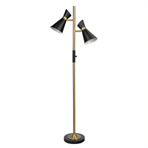 Lampadaire en laiton doré Axis avec abat-jour double cône, base métallique, design mid-century, source lumineuse LED E26, usage résidentiel - Product Image 1
