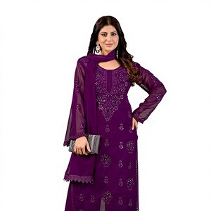 <b>Women</b> Traditional Purple Embroidered Ankle-Length <b>Kurta</b> Set With Dupatta <b>For</b> Wedding India Pakistan Style - Product Image 1