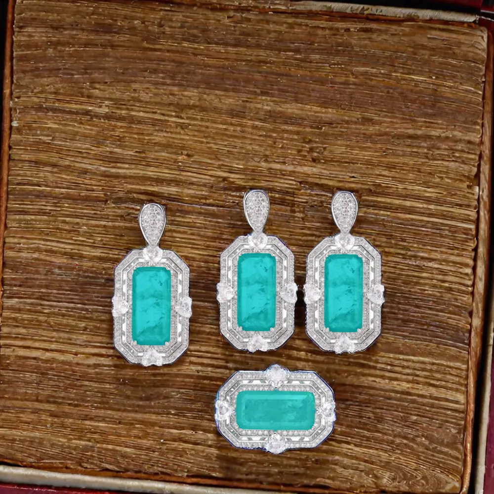 Personalizado recién llegado Latón chapado en oro Paraiba diamante collar pendientes anillo conjunto de joyería de moda de alta calidad conjunto de joyería de boda