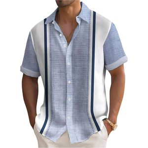 FOXA Men's Striped Color Blocked Button <b>Down</b> Short Sleeve Collared Casual Adult Vacation Shirts - Product Image 1