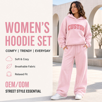 ODM Haute Qualité Ensemble de Survêtement Polaire 2 Pièces pour Femme, comprenant un Hoodie Oversize à Épaules Tombantes avec Broderie Appliquée et un Pantalon de Survêtement Décontracté, pour Tenue de Détente