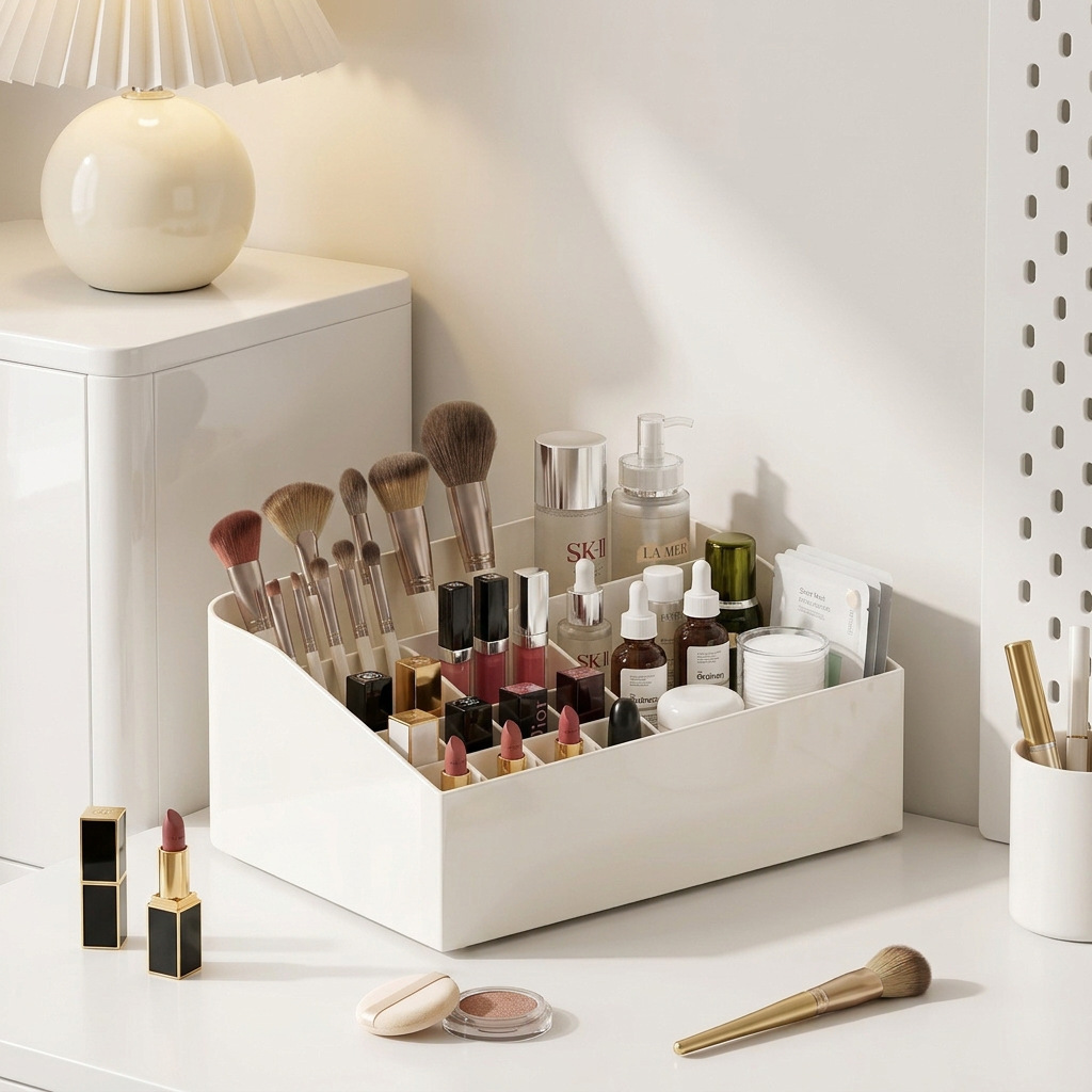 The lid is divided into compartments [cream white].