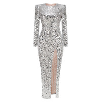 Robe de soirée élégante et sexy pour femme, coupe ajustée, dos nu, manches longues, à sequins, personnalisable OEM, fabrication usine