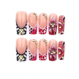 <span class=keywords><strong>Faux</strong></span> <span class=keywords><strong>ongles</strong></span> à presser imprimé léopard rose, avec fleurs 3D et strass, longs, forme cercueil, couleur nude, réutilisables, chics et tendance pour femmes - Product Image 5
