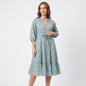 Robe midi trapèze en coton respirant, faite main, décontractée, pour femme, taille naturelle, lavage à sec, motif floral imprimé Himanshi - Product Image 1