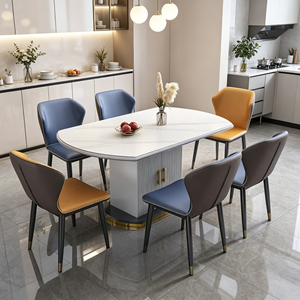 Ensemble de table à manger ovale moderne avec plateau en marbre blanc, 6 places, avec chaises en PU bleues et jaunes, meubles pour la maison - Product Image 6