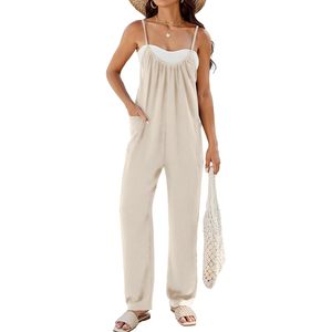 Women's Casual <b>Jumpsuit</b> Loose Sleeveless Spaghetti Strap High Waist Long Harem Pants Romper <b>With</b> <b>Pockets</b> Breathable Cotton - Product Image 1