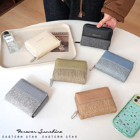 Denim Patchwork Fashion Klasik Gaya Korea Dompet Wanita Multifungsi Lintas Batas Pola Geometris Lipat Dua Poliester