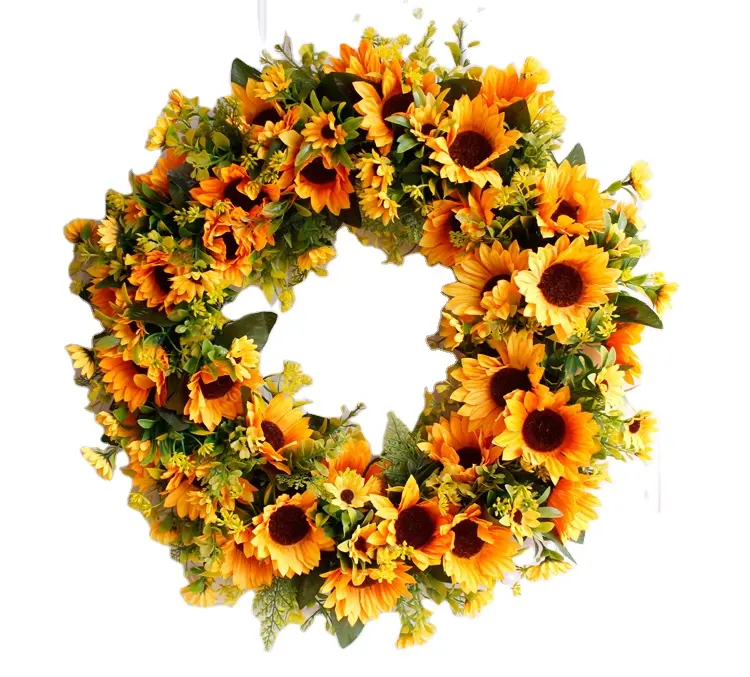 Corona de girasol Artificial para puerta delantera, flores decorativas con girasol amarillo y hojas verdes, 50cm
