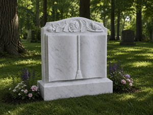 Lápida de Mármol Blanco con Tallado de Rosa y Pájaro, Monumento Funerario Tradicional de Estilo Europeo - Product Image 5