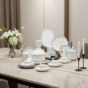 50 Pieces Luxury Bone China <b>Dinnerware</b> Set Eco Friendly Scenic Pattern Lead-free Customized Color Logo Dishwasher Safe Microwave - Product Image 1
