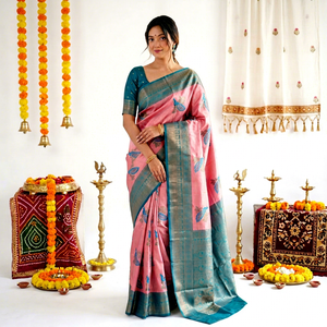 Sari en soie rose et bleu AARA Fashion avec imprimé paon, tenue traditionnelle indienne, protection solaire pour Diwali, sari long pour femmes - Product Image 1