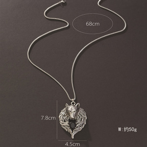 Collier pendentif loup en alliage de zinc, finition argent antique, serti clos, motif animal du zodiaque, chaîne de pull, cadeau pour hommes et femmes - Product Image 2