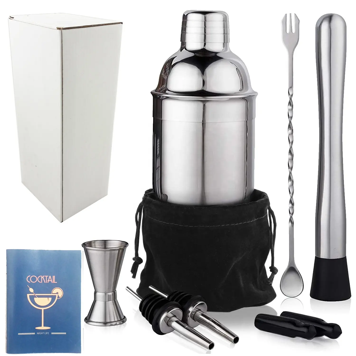 Manufacturer Premium Custom 8 Pieces Cocktail Shaker Making Set Bar Tools 750ml Stainless Steel Bartender Kit with Recipes&Bag