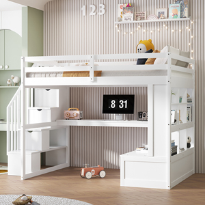 <span class=keywords><strong>Lit</strong></span> mezzanine pour enfants et adultes avec <span class=keywords><strong>bureau</strong></span> et étagères, deux tiroirs intégrés, escalier de rangement - Product Image 2