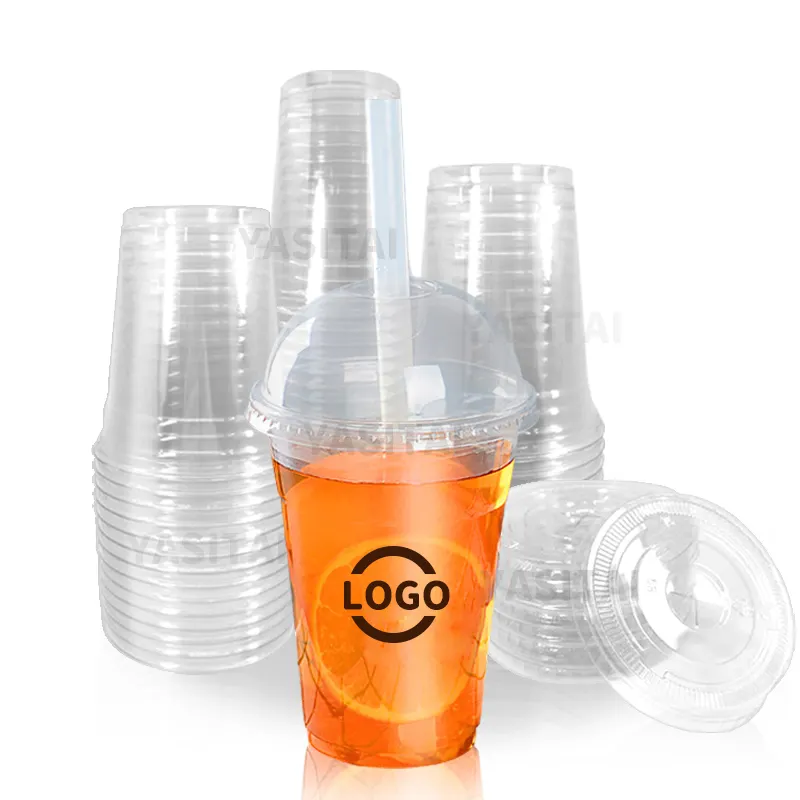 Прозрачные пластиковые одноразовые пластиковые чашки для коктейлей с холодным кофе-пузырьками, молока, чая, с плоскими крышками или купольными крышками, с логотипом на заказ