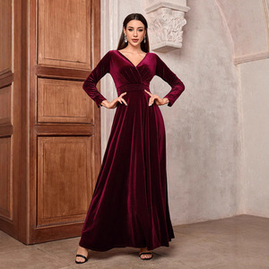 Abito da donna elegante in <span class=keywords><strong>velluto</strong></span> con collo a V a <span class=keywords><strong>maniche</strong></span> <span class=keywords><strong>lunghe</strong></span> stringe vita abito da sera per banchetti autunno inverno - Product Image 4