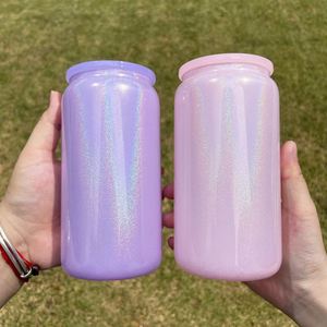 Vaso de Vidrio Sublimable de 16 oz con Tapa de PP, Brillante, Azul, Blanco, Morado, Rosa, para Impresión en Caliente - Product Image 2