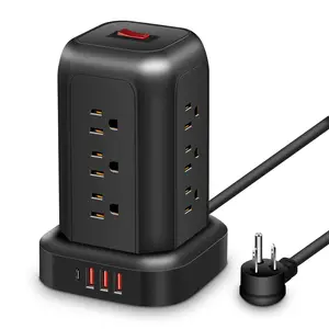 Power Strip Tower Surge Protector Flat Plug Tablet Charging Station with 12 AC Outlets 4 USB Ports