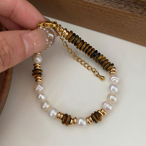 High Quality 316L Stainless Steel 14k 18k Gold Plated Fashion <b>Bracelets</b> & Bangles Tiger Eye And Pearl <b>Beaded</b> <b>Bracelet</b> for Women - Product Image 1