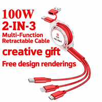 Kabel Pengisi Daya Cepat 3 in 1 Retractable 1.2m 3A Tipe-C Micro USB dengan Selubung Nilon PVC Pipih untuk Power Bank & Komputer (Grosir)