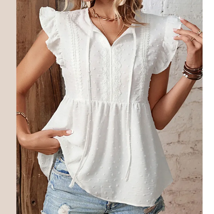 2023 Summer Ruffles Sleeve Blouse Shirt For Woman Lace up v neck Casual Ladies white Tops Blouses Elegant Shirts