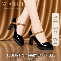 Xuanhui Neuheiten Spitze Mary Jane Pumps für Damen, Sexy Schwarzes Lackleder 7cm Blockabsatz High Heels für Party und Hochzeit