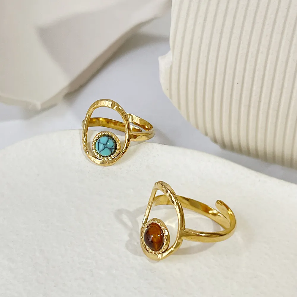 R0034 Gold Round Irregular Natural Stone Finger Ring Turquoise Khaki Opal Ring Women Minimalist Stainless Steel Rings Adjustable