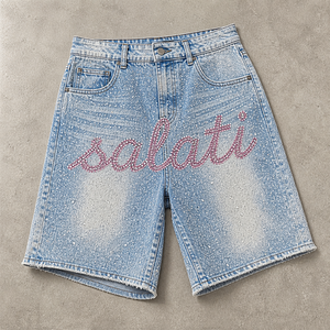 Shorts di Jeans da <span class=keywords><strong>Uomo</strong></span> di Produttore di <span class=keywords><strong>Abbigliamento</strong></span> Personalizzato, Stile Vintage a Gamba Dritta con Strass sull'Orlo Retrò, Estivi a Vita Media Effetto Sbiadito da Strada - Product Image 1