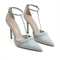 Nouvelles Escarpins Bleus à Talon Aiguille et Bout Pointu avec Nœud, Modèle T-Strap Polyvalent pour le Travail et les Rendez-vous, Tailles Étendues 34-46 pour Femme
