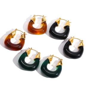 Hoop <b>Earrings</b> Resin Stainless Steel Geometric Design For Women Fashion Jewelry Black <b>Green</b> Brown Color Options - Product Image 5