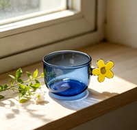 Mug en verre borosilicate résistant à la chaleur WUSO, tasse à café bleu foncé, poignée fleur 3D jaune, vaisselle à thé pour la maison et le café